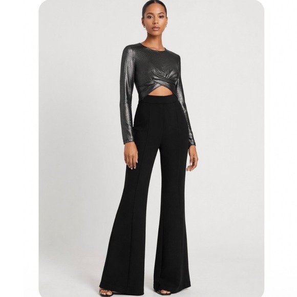Black Halo Pants - BLACK HALO ANGIE Metallic Twist Front Cutout Wide Leg Jumpsuit Black WOMEN 6 USA